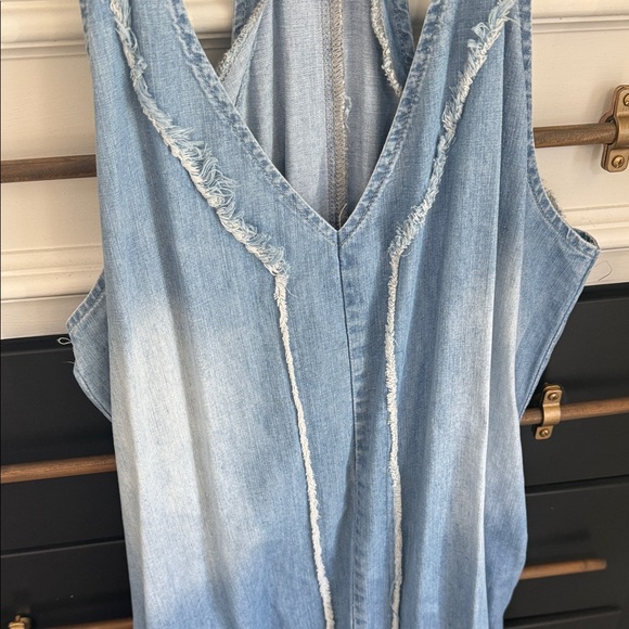 Women’s Light Blue Denim Maxi Dress with Frayed Trim - Picture 2 of 5